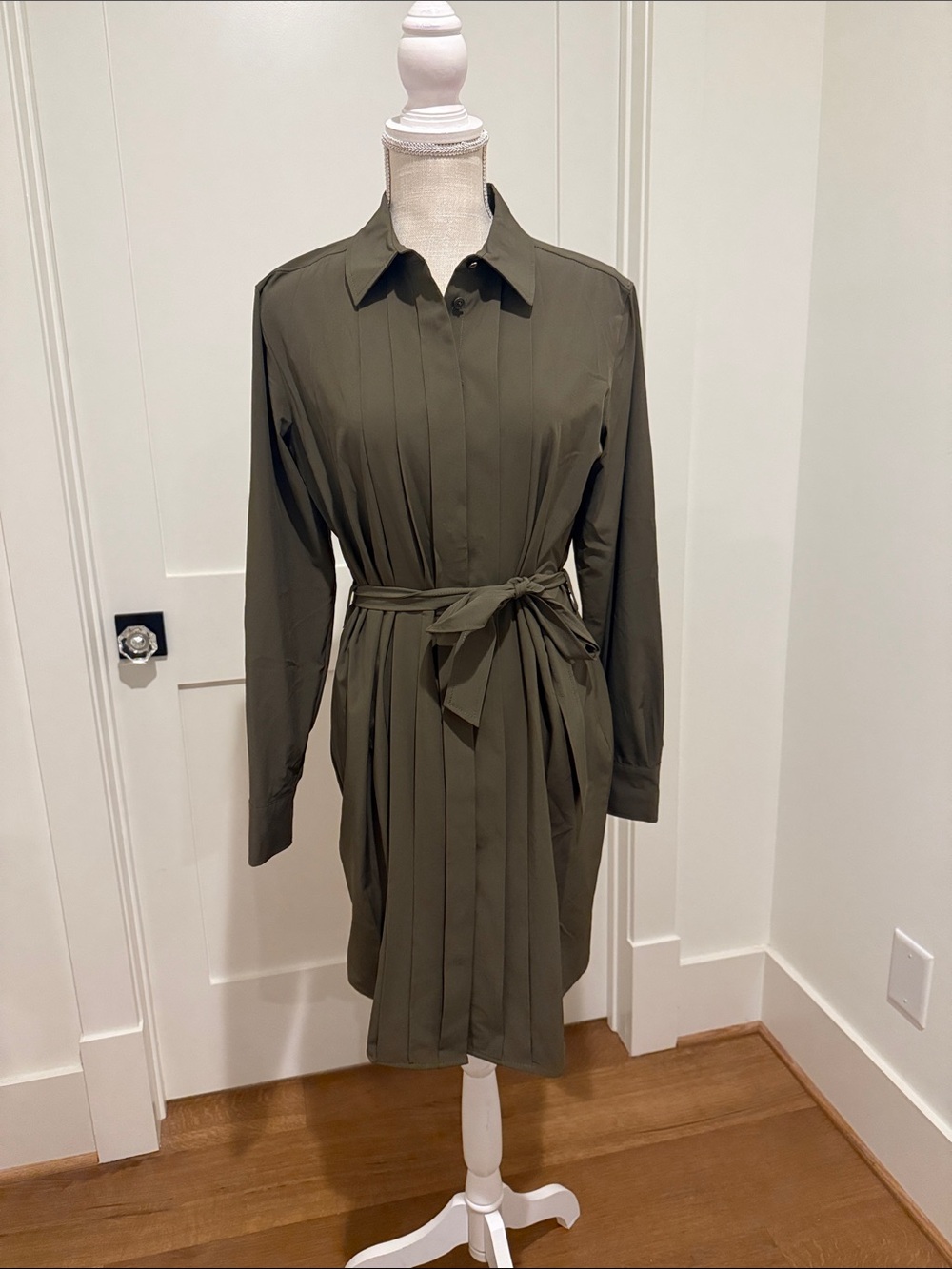 Calvin Klein Olive Green Long-Sleeve Tie-Waist Shirt Dress